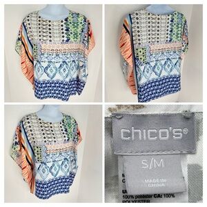 Chicos Poncho Tunic Top Size S/M Artsy Abstract Colorful Kimono‎ Cover Flowy